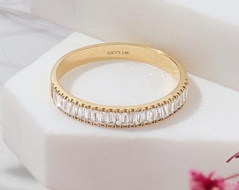14K Solid Gold Baguette Diamond Wedding Band | Natural Channel Set Baguette Band, Milgrain Edge