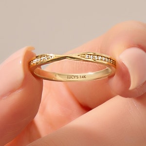 14k Solid Gold Pavé Diamond Pinched Wedding Ring Nesting Enhancer Band for Women Channel Set Stackable Marriage Gift Jewelry for Bride