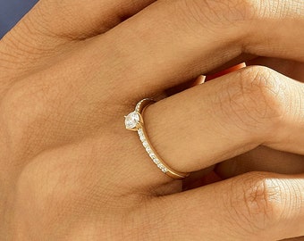 Anillo de compromiso de diamantes, anillo solitario minimalista de oro macizo de 14 k para mujer, anillo de banda de media eternidad, anillo de promesa de diamantes de 0,3 ctw para mujer