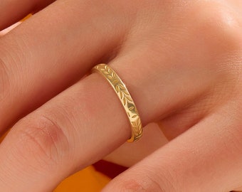 Leaf Wedding Band, 14k Solid Gold Wedding Ring, Men Women Minimalist Marriage Ring, His Her Floral Commitment Band, Handmade Jewelry Rings