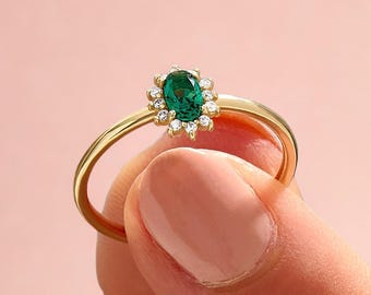 14k Solid Gold Emerald Halo Ring – Dainty Promise Ring for Women