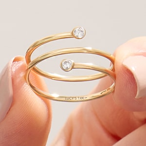 Bezel Diamond Coil Ring / Wrap Around Ring / Dainty Double Spiral Ring / Pointer Finger Ring / Solid Gold Ring / Gift for Her