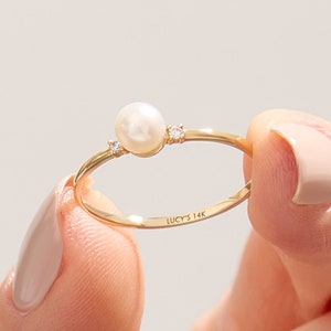 14k Solid Gold Pearl Engagement Ring with Tiny Diamond Dainty Freshwater Pearl Ring Minimalist Stacking Gift Handmade Jewelry for Her