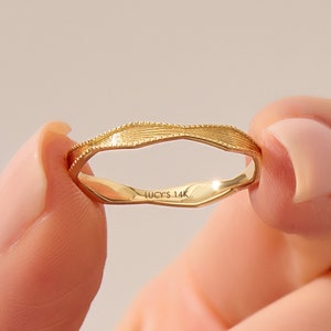 Textured Wedding Band, 14k Solid Gold Marriage Band Women, Unique Minimalist Milgrain Line Ring, Dainty Slim Stacking Enhancer, Handmade