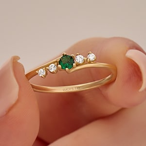 Emerald and Diamond Bypass Ring in Solid 14k Gold – Dainty Stacking Ring for Women, Minimalist Promise Ring, Luxury Gift for Her or Mom