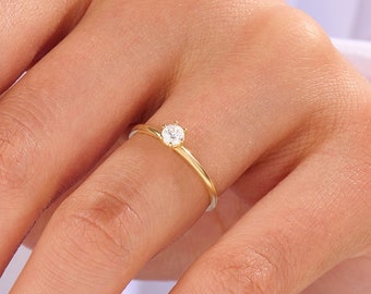 Anillo de compromiso simple de diamantes, anillo de solitario básico de oro macizo de 14 k de 0,25 ct, anillo de diamantes diminutos de 6 puntas, anillo de regalo nupcial de propuesta minimalista