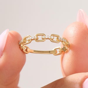 14k Solid Gold Diamond Chain Link Ring, Open Link Eternity Band for Women, Minimalist Stackable Wedding Ring, Dainty Handmade Gift for Her