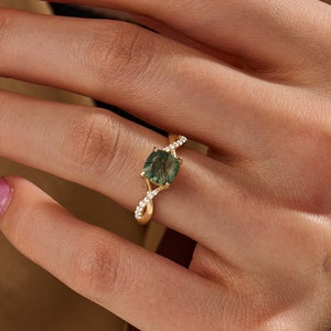 14k Cushion Moss Agate Engagement Ring, Solid Gold Twined Solitaire Ring, Womens Ring with Accents, Aquatic Green Agate Anniversary Ring image 2