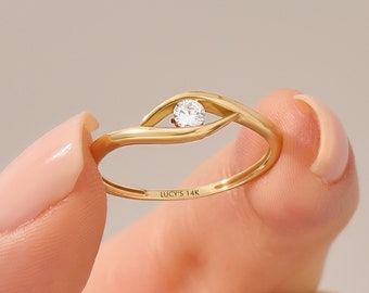 Diamond Minimal Evil Eye Ring, 14k Gold Protection Rings, Bezel Diamond Good Luck Ring for Women, Ladies Girls Third Eye Ring, Handmade Gift
