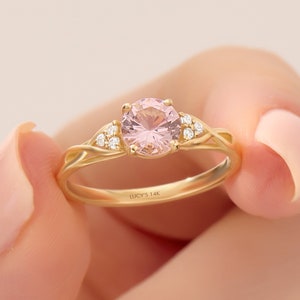 14k Gold Peach Morganite Ring, Solid Gold Crystal Solitaire Ring, Vintage Design Pink Gemstone Ring, Diamond Alternative Engagement Ring