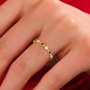 Sapphire and Diamond Wedding Band, 14k Gold Art Deco Ring, Solid Gold Sapphire Stacking Ring, Vintage Design Gold Ring, Women Sapphire Ring image 1