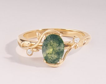 Oval Moss Agate Vine Ring | 14k Solid Gold Botanical Engagement Ring | Womens Solo Ivy Promise Ring | Aquatic Green Agate Anniversary Ring