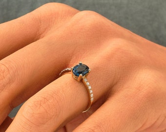 Sapphire Engagement Ring, 14k Gold Oval Solitaire Ring, Solid Gold Blue Gemstone Ring for Women, Dainty Diamond Sapphire Band Gift for Her