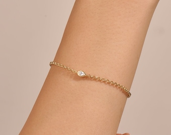 Diamond Solitaire Bracelet, 14k Gold Pear Diamond Bracelet, Solid Gold Bezel Diamond Bracelet, Womens Dainty Solitaire Bracelet