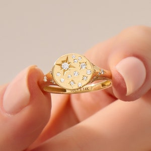 14k Solid Gold Diamond Signet Ring, Flat Top Pinky Ring for Women, Scattered Pave Star Diamond Statement Jewelry,Unique Handmade Luxury Ring
