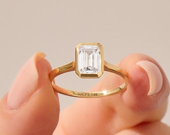 14k Gold Bezel Engagement Ring, Emerald Cut Moissanite Ring, Solid Gold Wedding Bridal Ring, 1ct Lab Diamond Solitaire Ring,Simple Gold Ring