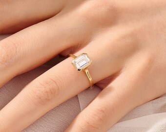 14k Gold Bezel Engagement Ring, Emerald Cut Moissanite Ring, Solid Gold Wedding Bridal Ring, 1ct Lab Diamond Solitaire Ring,Simple Gold Ring