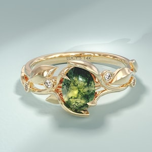 Anillo ovalado de ágata musgosa en forma de enredadera en oro macizo. Anillo de compromiso con hiedra botánica para mujer. Único regalo de promesa o aniversario de ágata verde.