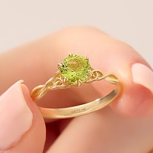 Peridot Engagement Ring, 14k Solid Gold Peridot Ring, Celtic Knot Ring, Dainty Gemstone Ring, Unique Promise Ring for Her, Gift for Mom,Wife