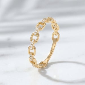 14K Solid Gold Diamond Chain Link Ring Stackable Eternity Band for Women