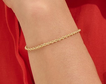 14k Gold Twisted Rope Chain Bracelet, Solid Gold Unisex Bracelet, Womens Mens Minimalist Chain, Thin Stacking Bracelet, Simple Anklet Chain