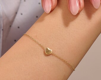 Solo Heart Chain Bracelet | 14k Solid Gold Simple Love Bracelet | Dainty Moving Charm Bracelet Women | Cute Everyday Jewelry by Lucys Fine