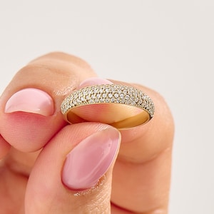 14k Solid Gold Pavé Diamond Dome Ring Chunky Minimalist Wedding Band for Women Dainty Stackable Bubble Ring Gift Fine Gold Jewelry Mom