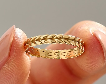 14k Solid Gold Wheat Wedding Band, Nature-Inspired Ring for Women or Men, Floral Texture Gold Band, Minimalist Botanical Design Gift for Her