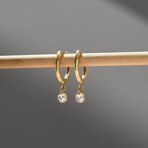 Diamond Drop Earrings, Solid Gold Hoops, Dainty Earrings for Women, Bezel Diamond Earrings, 14k Gold Hoop Earrings, Gift for Wife, Mom, Her