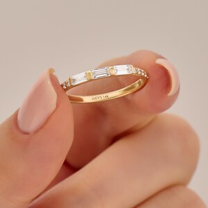 14k Solid Gold Baguette Diamond Ring, Modern Wedding Band for Women, Unique Stackable Bridal Jewelry, Real Diamond Baguette Anniversary Gift