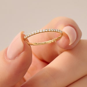 Diamond Thin Ball Stacking Ring, 14K Minimalist Wedding Rings for Women, Tiny Diamond Eternity Ring, Solid Gold Ring Enhancer, Gift for Her