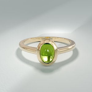 Bezel Oval Peridot Ring Women Real 14k Solid Gold Small Green Statement Band Gemstone Dainty Personalized Jewellery Handmade Gift Ladies