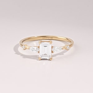 Moissanite Engagement Ring, Solid Gold Emerald Cut Art Deco Ring, 14k Gold Anniversary Band for Women, Lab Diamond Wedding Bridal Rings