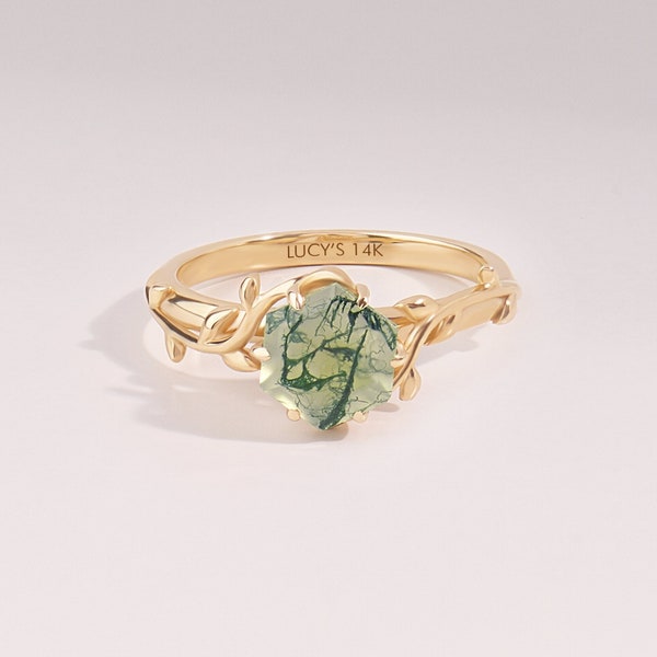 14k Hexagon Moss Agate Ivy Ring, Solid Gold Nature Engagement Ring, Unique Vine Solitaire Promise Ring, Aquatic Green Botanical Gift Ring