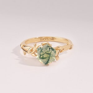14k Hexagon Moss Agate Ivy Ring, Solid Gold Nature Engagement Ring, Unique Vine Solitaire Promise Ring, Aquatic Green Botanical Gift Ring