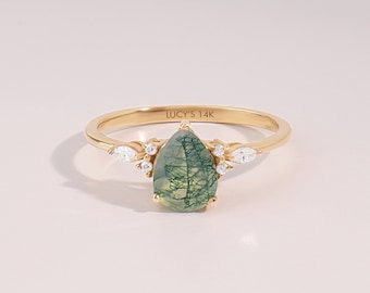 Impresionante anillo de compromiso de ágata de musgo de pera, anillo de promesa vintage de oro macizo, anillo de aniversario verde acuático de 14 kt, anillo de solitario de cristal para mujer