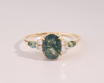 Anillo de compromiso de ágata de musgo acentuado de 14k, anillo de aniversario ovalado vintage de oro macizo, anillo de propuesta verde acuático, anillo de regalo de solitario para madres