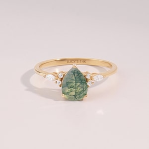 Stunning Pear Moss Agate Engagement Ring, Solid Gold Vintage Promise Ring, 14kt Aquatic Green Anniversary Ring, Women Crystal Solitaire Ring image 1