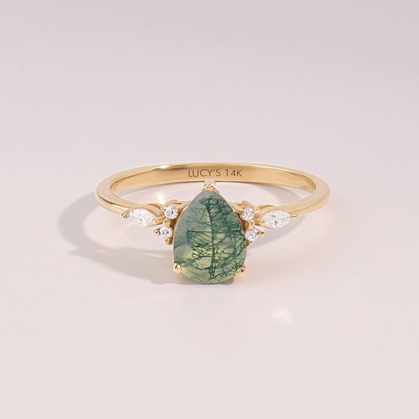 Stunning Pear Moss Agate Engagement Ring, Solid Gold Vintage Promise Ring, 14kt Aquatic Green Anniversary Ring, Women Crystal Solitaire Ring