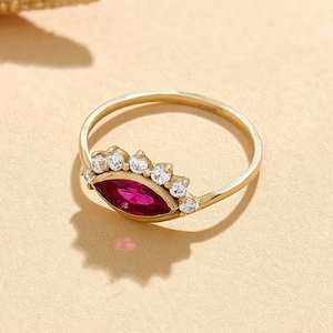 14k Solid Gold Lab Ruby Ring, Evil Eye Ring for Women, Red Ruby Ring, Bezel Ruby Ring, Unique Statement Ring, Third Eye Ring Jewelry Gift