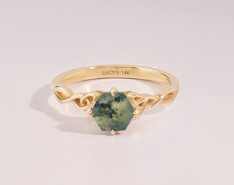 Anillo celta de ágata de musgo hexagonal de 14 kt, anillo de aniversario de solitario de oro sólido, anillo de promesa de nudo irlandés, banda de promesa de cristal verde acuático