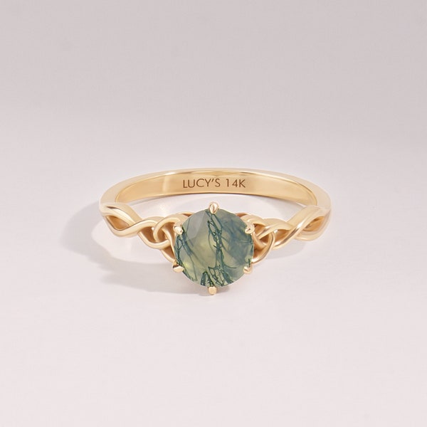 14k Gold Moss Agate Round Celtic Ring, Solid Gold Solitaire Engagement Ring, Irish Love Knot Promise Ring, Green Agate Natural Ring