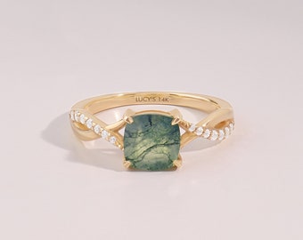 14k Cushion Moss Agate Engagement Ring, Solid Gold Twined Solitaire Ring, Womens Ring with Accents, Aquatic Green Agate Anniversary Ring
