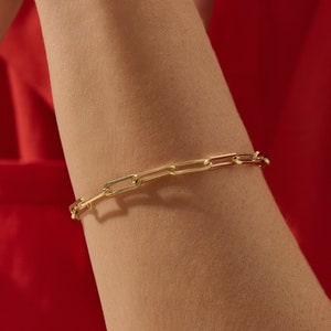 14k Solid Gold Link Chain Bracelet  | Paper Clip Chain Bracelet Women | Long Rectangle Bracelet | Everyday Statement Bracelet by Lucys Fine
