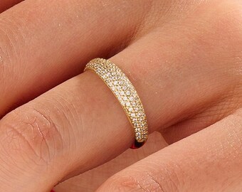 Diamond Minimalist Pave Dome Ring, Solid Gold Chunky Wedding Band for Women,14k Gold Stackable Ring,Dainty Gold Bubble Ring,14k Gold Jewelry