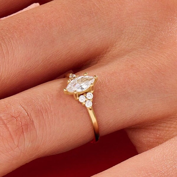 Diamond Marquise Engagement Ring Solid Gold Solitaire Ring Women 14k Gold Vintage Design Ring 0.5ct Diamond Band Dainty Anniversary Ring