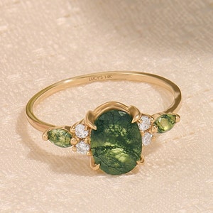 Moss Agate Engagement Ring 14k Solid Gold Vintage Oval Moss Agate Ring Solitaire Natural Stone Ring Jewelry Gift 18k Ring for Wife Birthday