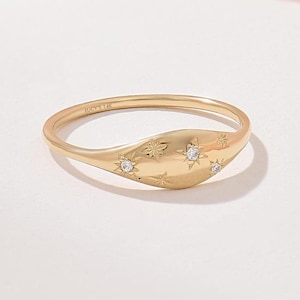 Diamond Starry Pinky Ring, 14k Solid Gold Small Signet Ring, Womens Stacking Ring, Tiny Diamond Celestial Ring, Dainty Real Gold Ring Her