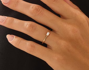 Baguette Diamond Ring, 14K Solid Gold Natural Diamond East West Ring, Dainty Minimal Stacking Band, Minimal Solitaire Ring, Gift For Her