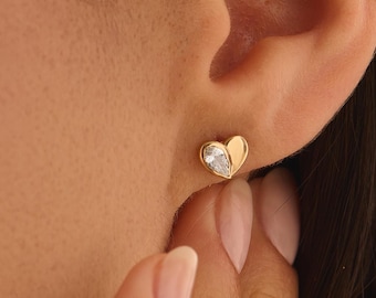 Natural Diamond Heart Studs, 14K Solid Gold Diamond Piercing, Dainty 0.50 CTW Pear Cut Romantic Earrings, Anniversary Gift For Girlfriend